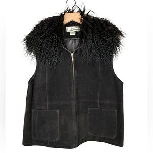 Vintage Penny Lane Lisa International Black 100% Suede Fur Trim Vest- Women's L